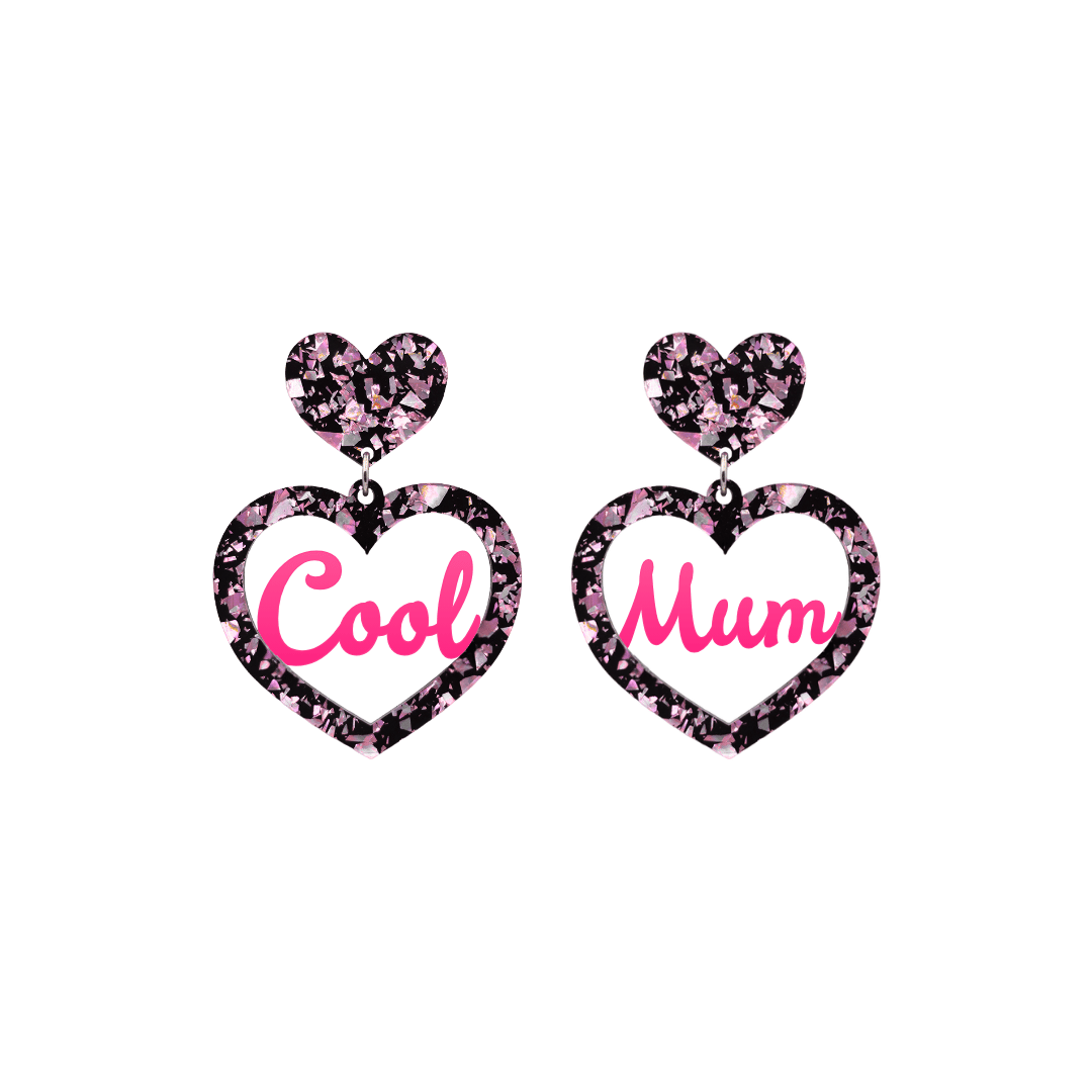 haus of dizzy chunky light pink glitter heart earrings with hot pink text that reads cool mum in cursive font size small