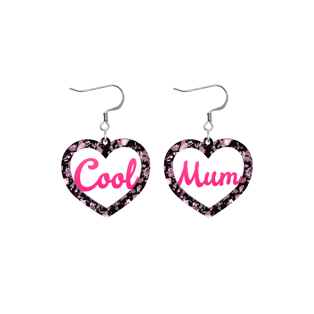 haus of dizzy chunky light pink glitter heart earrings with hot pink text that reads cool mum in cursive font size small with hooks no heart tops