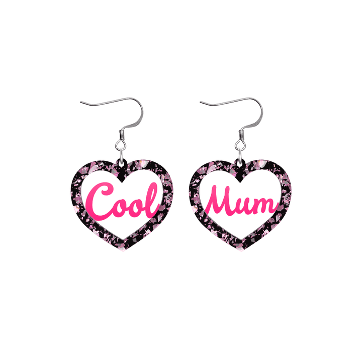haus of dizzy chunky light pink glitter heart earrings with hot pink text that reads cool mum in cursive font size small with hooks no heart tops