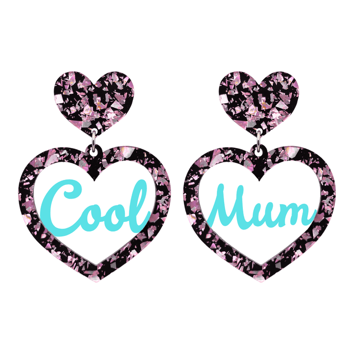 haus of dizzy chunky light pink glitter heart earrings with turquoise text that reads cool mum in cursive font size large