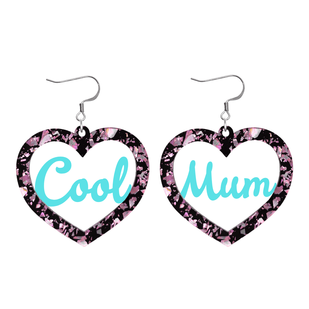 haus of dizzy chunky light pink glitter heart earrings with turquoise text that reads cool mum in cursive font size large with hooks no heart tops