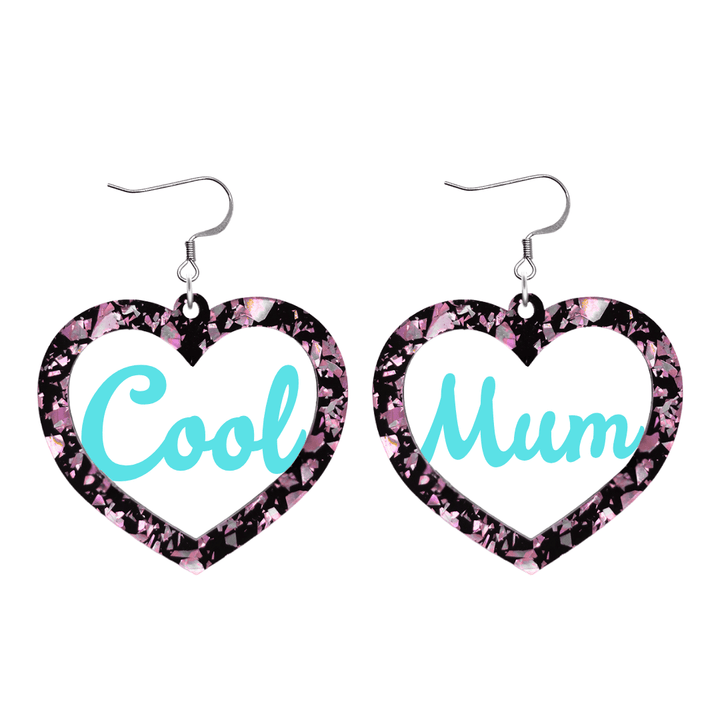 haus of dizzy chunky light pink glitter heart earrings with turquoise text that reads cool mum in cursive font size large with hooks no heart tops