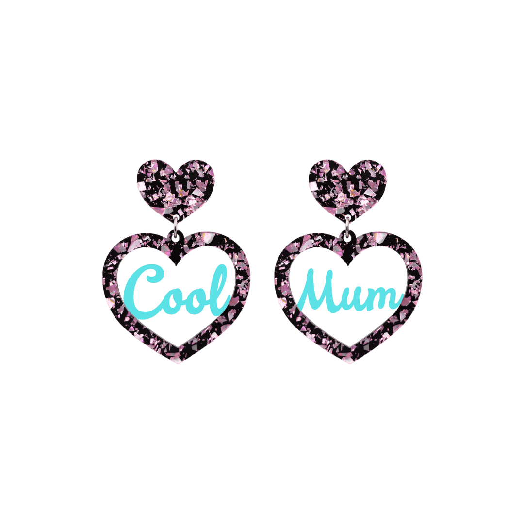 haus of dizzy chunky light pink glitter heart earrings with turquoise text that reads cool mum in cursive font size small