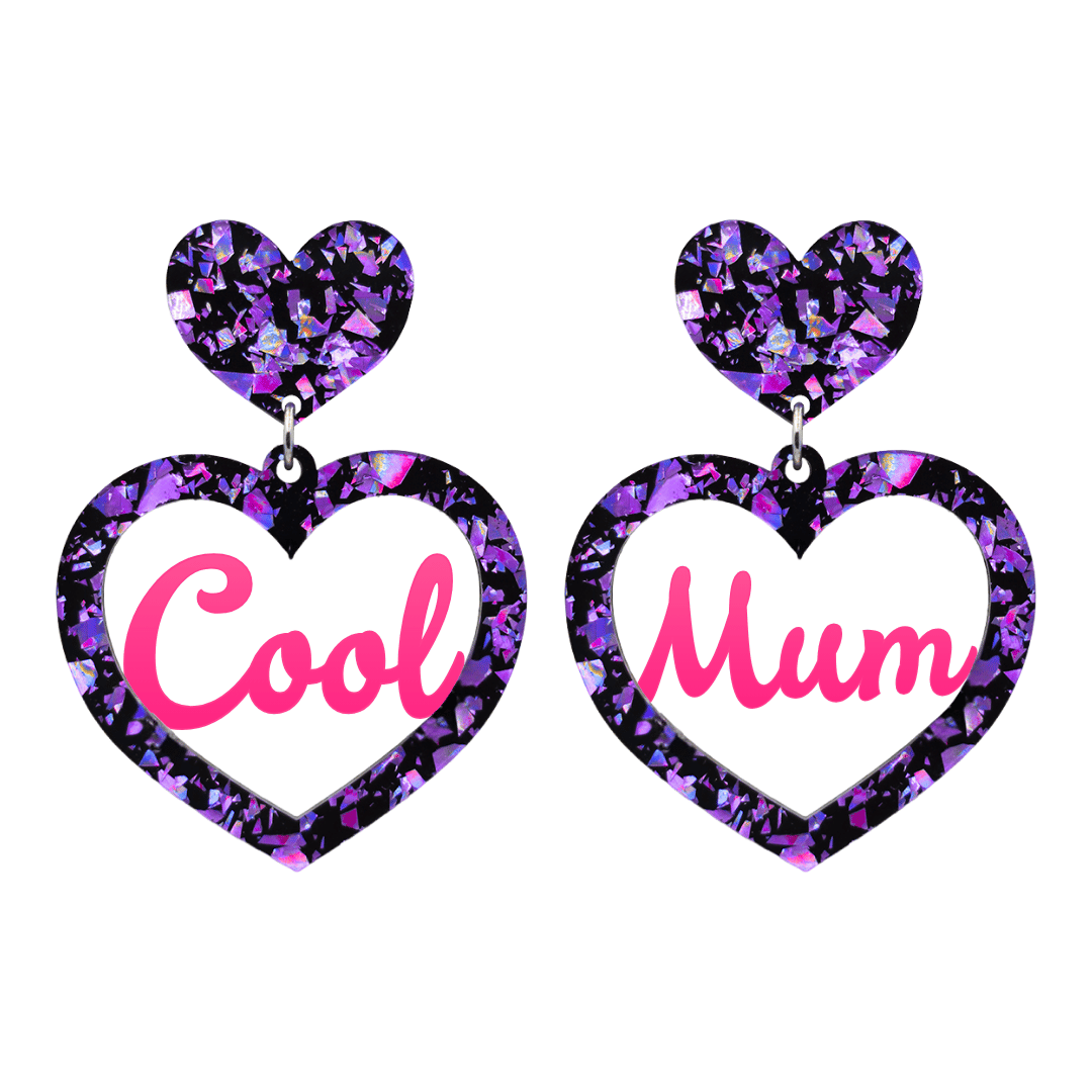haus of dizzy chunky violet glitter heart earrings with hot pink text that reads cool mum in cursive font size large