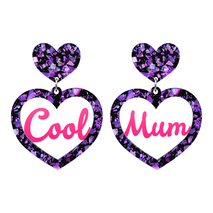 haus of dizzy chunky violet glitter heart earrings with hot pink text that reads cool mum in cursive font size large