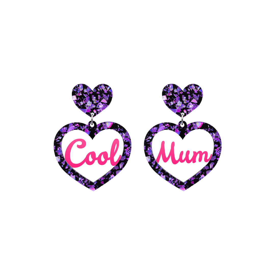 haus of dizzy chunky violet glitter heart earrings with hot pink text that reads cool mum in cursive font size small