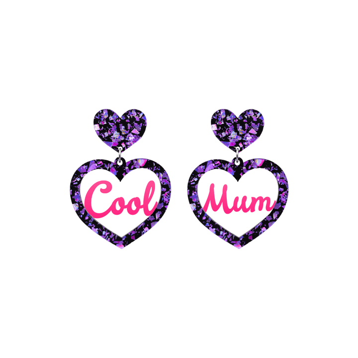 haus of dizzy chunky violet glitter heart earrings with hot pink text that reads cool mum in cursive font size small