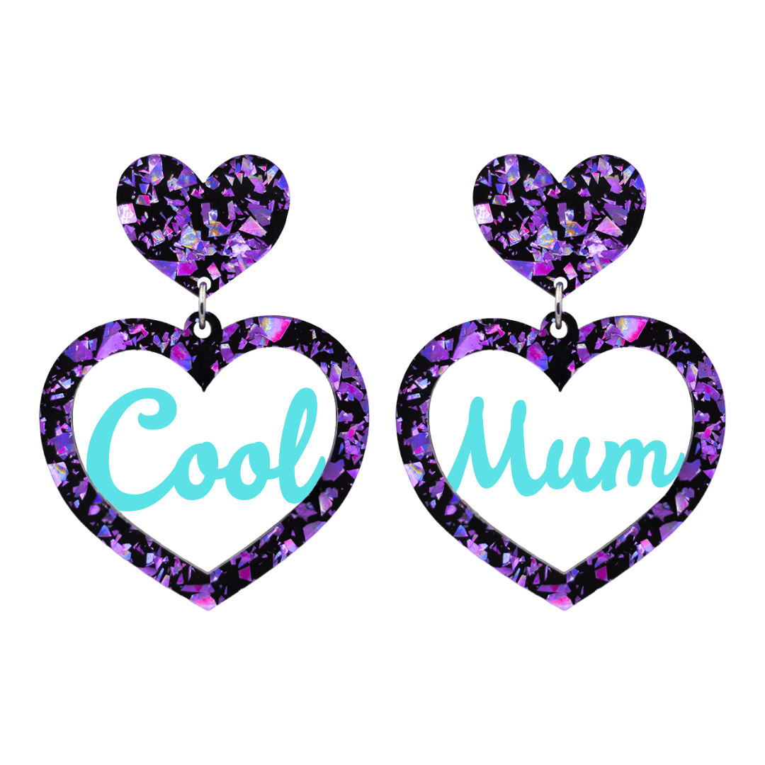 haus of dizzy chunky violet glitter heart earrings with turquoise text that reads cool mum in cursive font size large