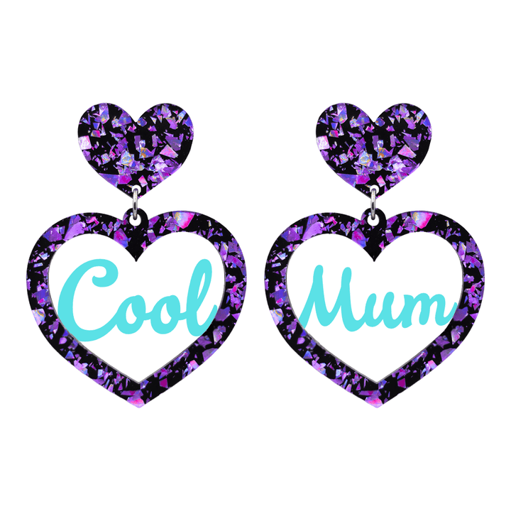 haus of dizzy chunky violet glitter heart earrings with turquoise text that reads cool mum in cursive font size large