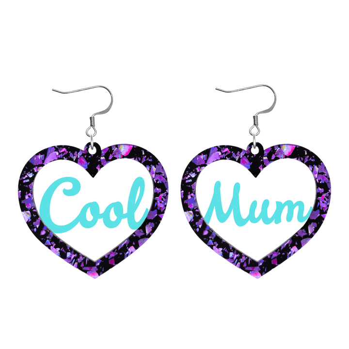 haus of dizzy chunky violet glitter heart earrings with turquoise text that reads cool mum in cursive font size large with hooks no heart tops