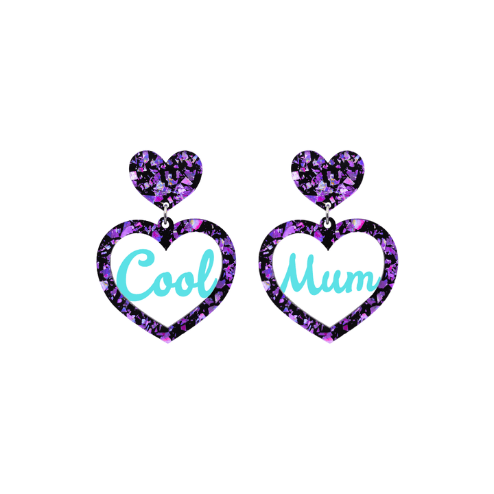 haus of dizzy chunky violet glitter heart earrings with turquoise text that reads cool mum in cursive font size small