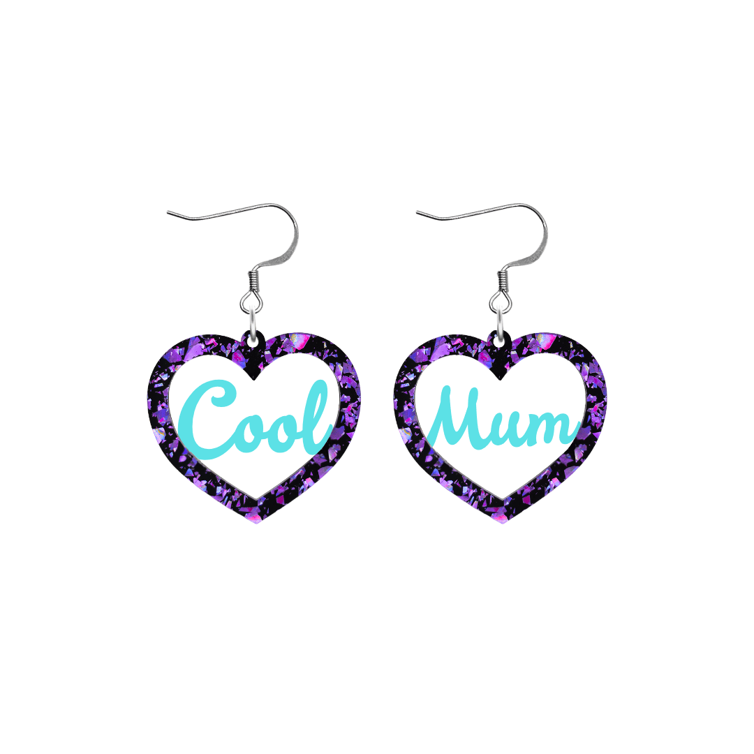 haus of dizzy chunky violet glitter heart earrings with turquoise text that reads cool mum in cursive font size small with hooks no heart tops