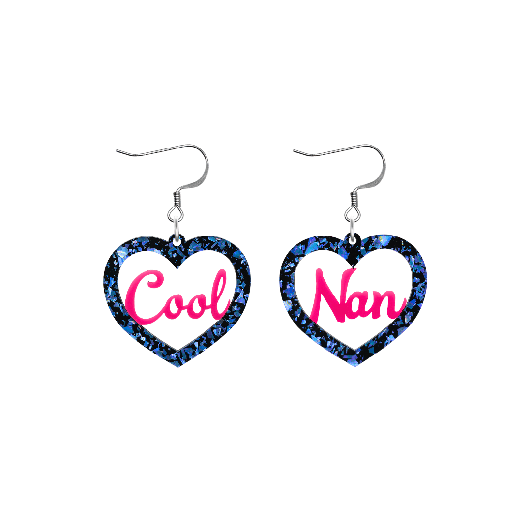 haus of dizzy chunky dark blue glitter heart earrings with hot pink text that reads cool nan in cursive font size small with hooks no heart tops