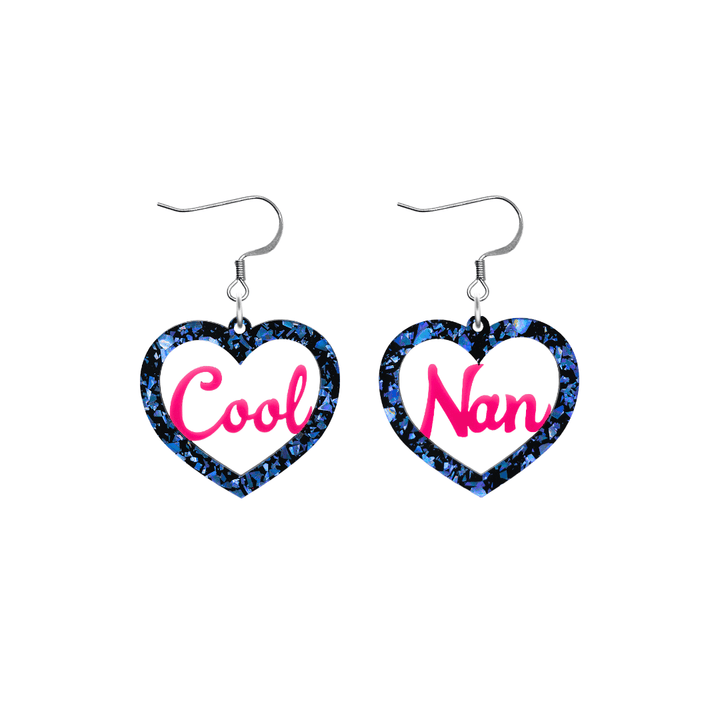 haus of dizzy chunky dark blue glitter heart earrings with hot pink text that reads cool nan in cursive font size small with hooks no heart tops