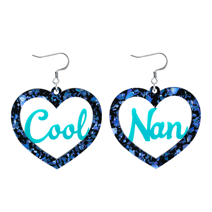 haus of dizzy chunky dark blue glitter heart earrings with turquoise text that reads cool nan in cursive font size large with hooks no heart tops