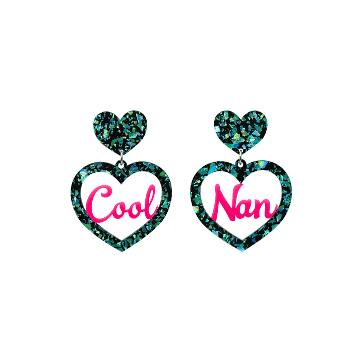 haus of dizzy chunky emerald glitter heart earrings with hot pink text that reads cool nan in cursive font size small
