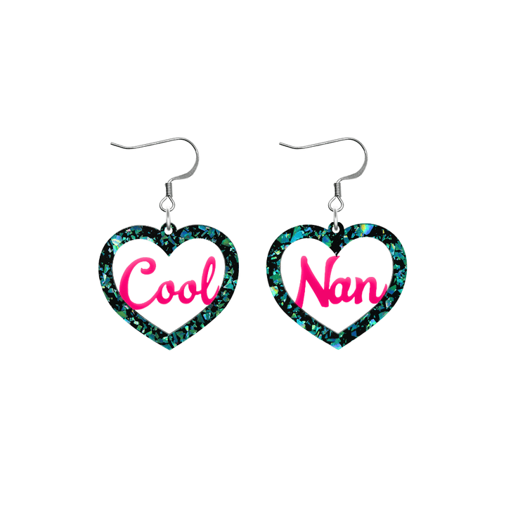 haus of dizzy chunky emerald glitter heart earrings with hot pink text that reads cool nan in cursive font size small with hooks no heart tops