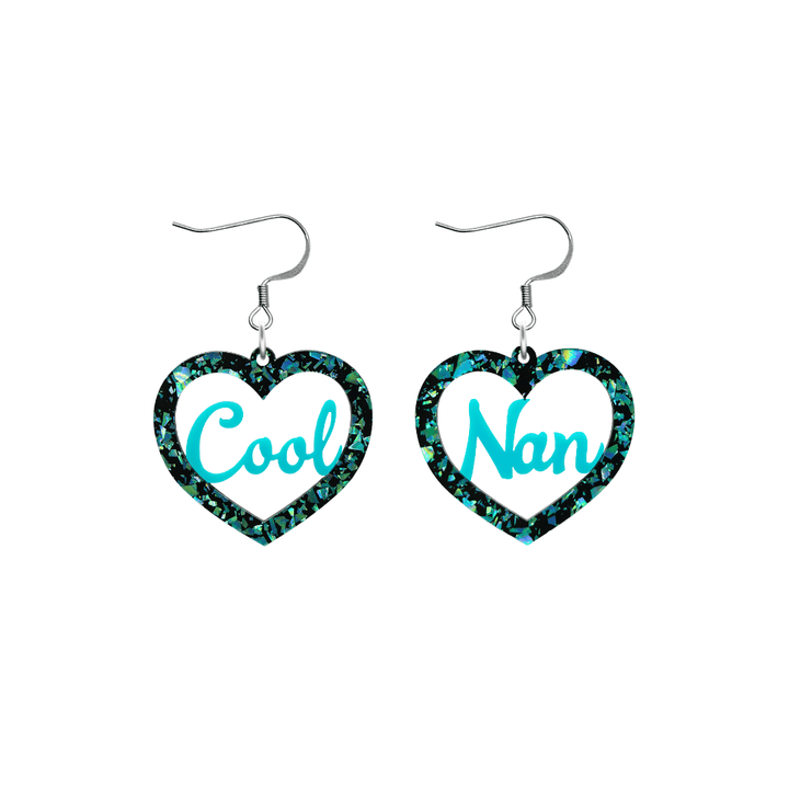 haus of dizzy chunky emerald glitter heart earrings with turquoise text that reads cool nan in cursive font size small with hooks no heart tops