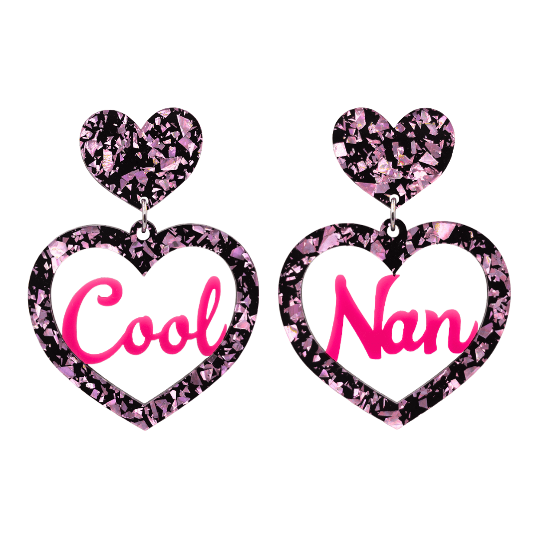 haus of dizzy chunky light pink glitter heart earrings with hot pink text that reads cool nan in cursive font size large