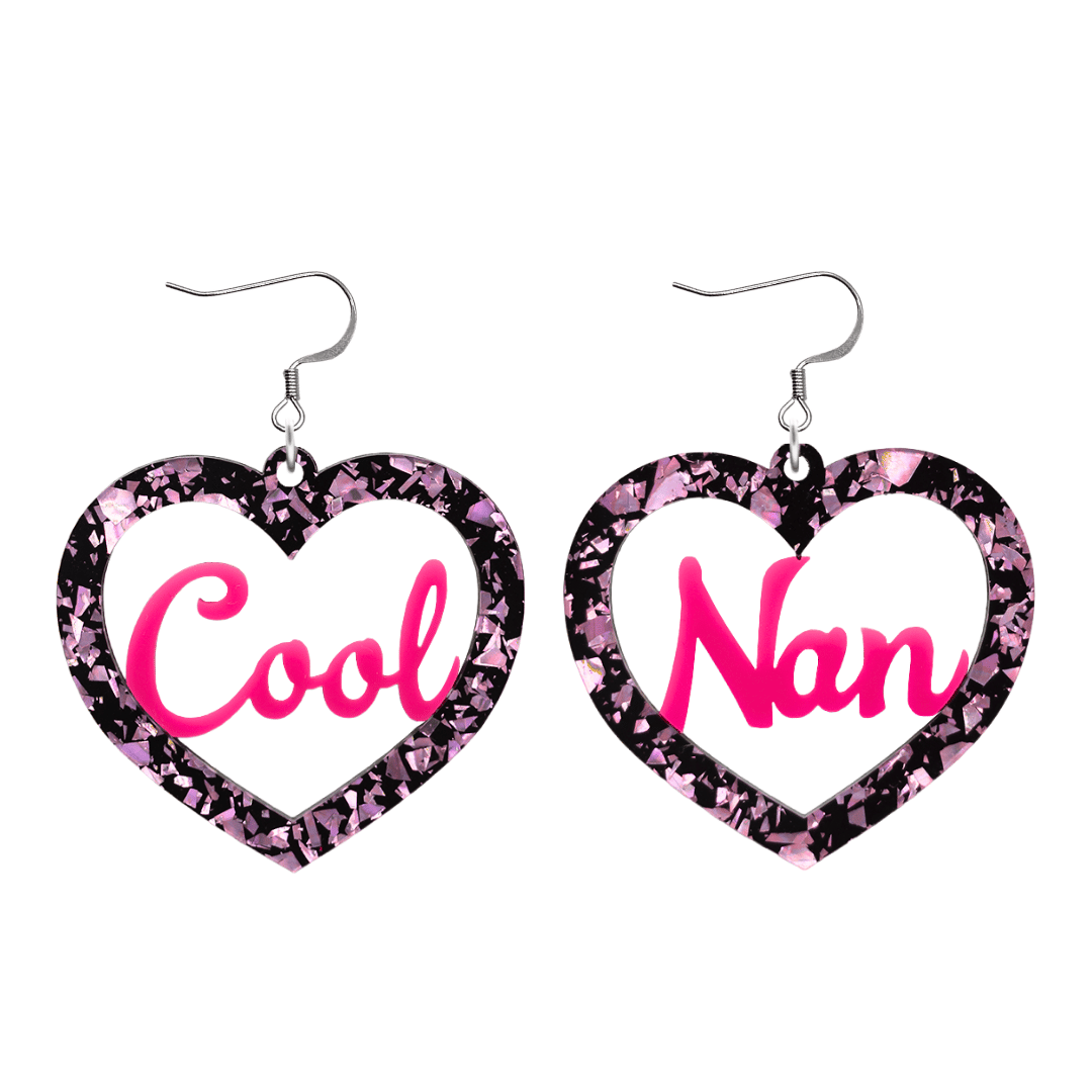 haus of dizzy chunky light pink glitter heart earrings with hot pink text that reads cool nan in cursive font size large with hooks no heart tops