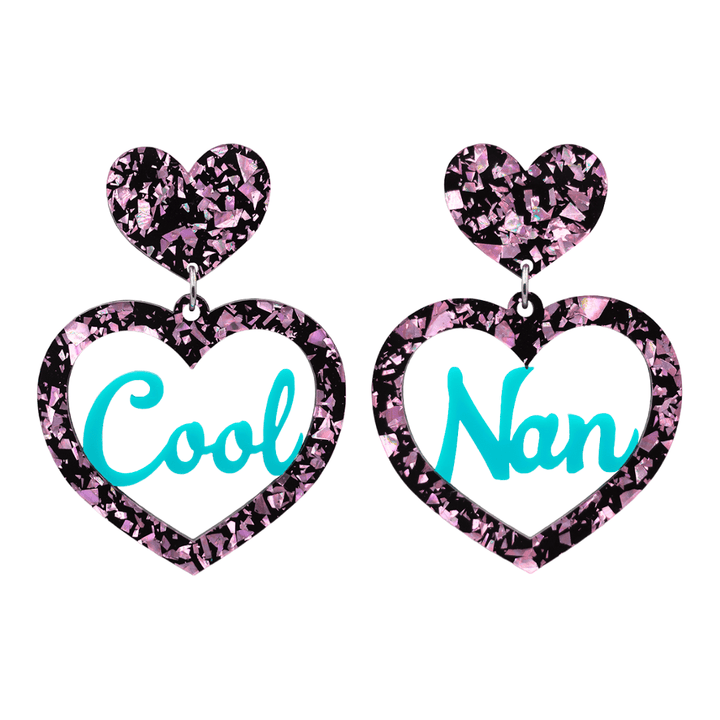 haus of dizzy chunky light pink glitter heart earrings with turquoise text that reads cool nan in cursive font size large