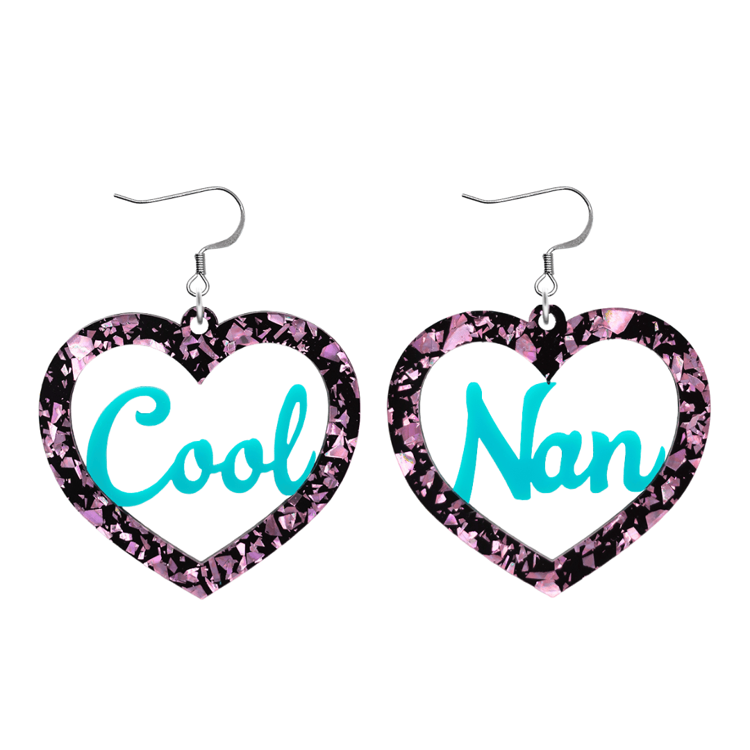 haus of dizzy chunky light pink glitter heart earrings with turquoise text that reads cool nan in cursive font size large with hooks no heart tops