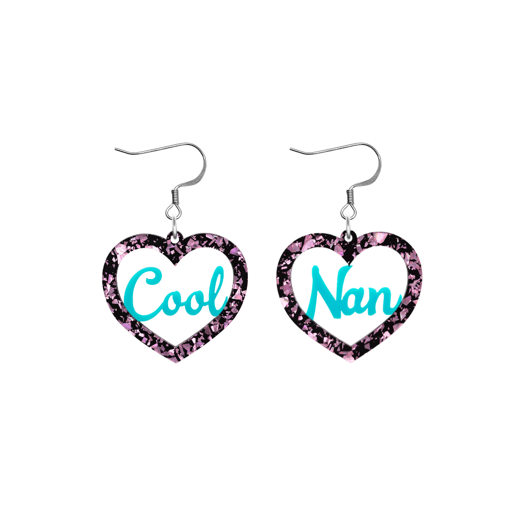 haus of dizzy chunky light pink glitter heart earrings with turquoise text that reads cool nan in cursive font size small with hooks no heart tops