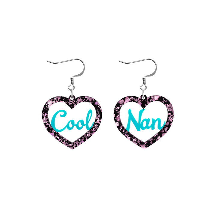 haus of dizzy chunky light pink glitter heart earrings with turquoise text that reads cool nan in cursive font size small with hooks no heart tops