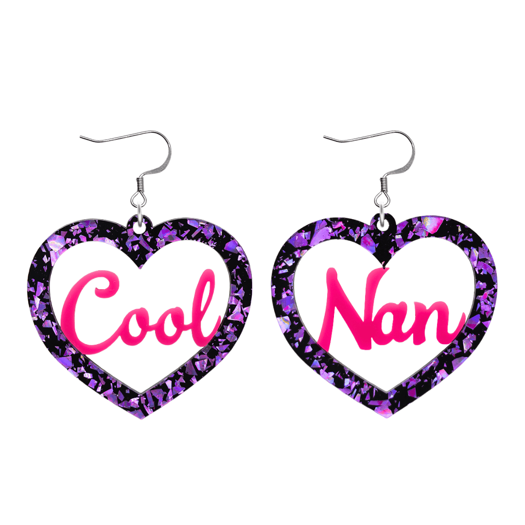 haus of dizzy chunky violet glitter heart earrings with hot pink text that reads cool nan in cursive font size large with hooks no heart tops