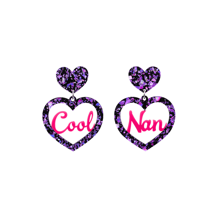 haus of dizzy chunky violet glitter heart earrings with hot pink text that reads cool nan in cursive font size small