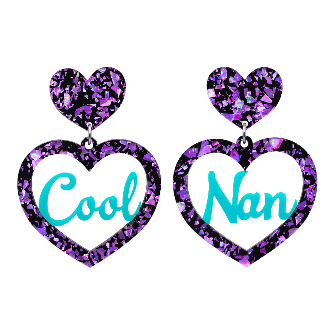 haus of dizzy chunky violet glitter heart earrings with turquoise text that reads cool nan in cursive font size large