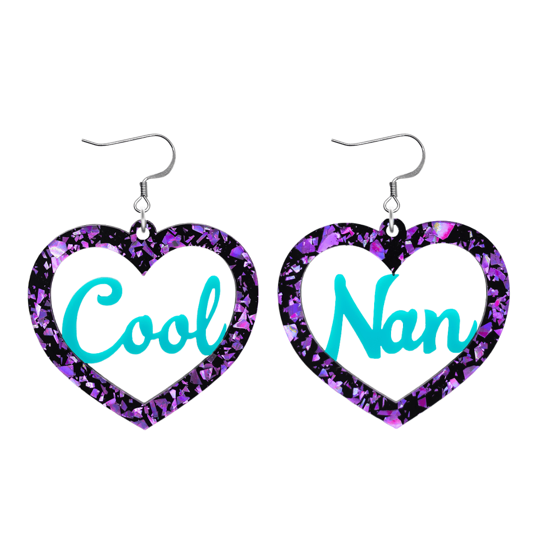 haus of dizzy chunky violet glitter heart earrings with turquoise text that reads cool nan in cursive font size large with hooks no heart tops