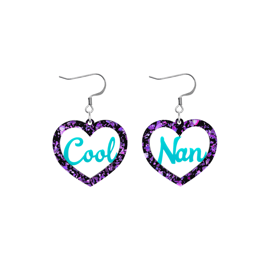 haus of dizzy chunky violet glitter heart earrings with turquoise text that reads cool nan in cursive font size small with hooks no heart tops