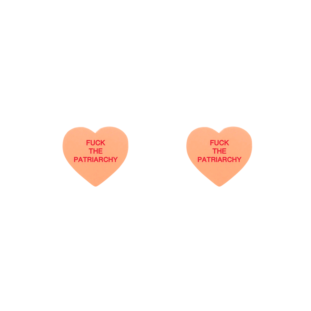 haus of dizzy pastel peach heart studs with 'F*CK THE PATRIARCHY' hand painted red text in centre