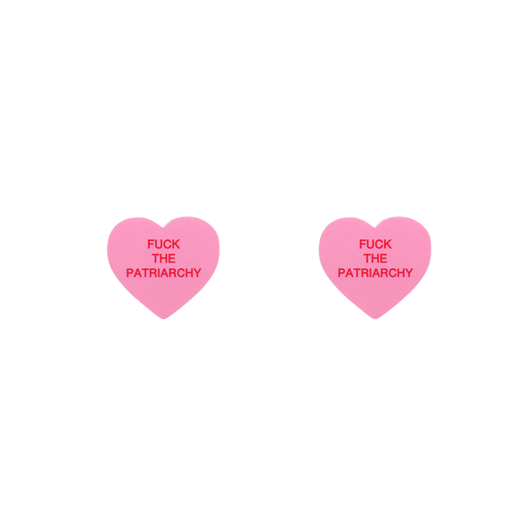 haus of dizzy pastel pink heart studs with 'F*CK THE PATRIARCHY' hand painted red text in centre