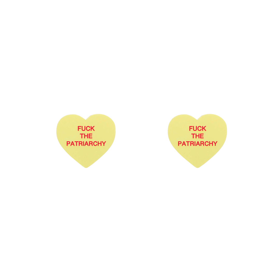 haus of dizzy pastel lemon heart studs with 'F*CK THE PATRIARCHY' hand painted red text in centre