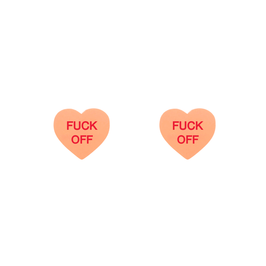 haus of dizzy pastel peach candy heart studs with 'F*CK OFF' hand painted red text in centre