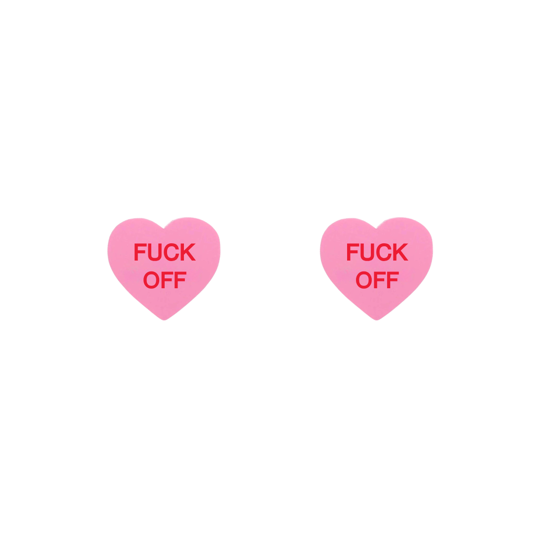 haus of dizzy pastel pink candy heart studs with 'F*CK OFF' hand painted red text in centre