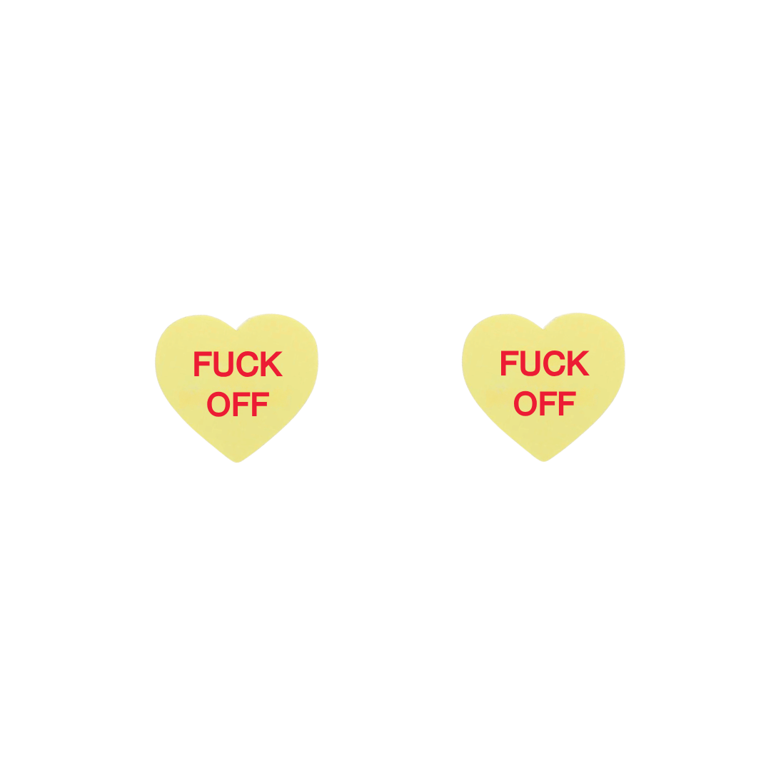 haus of dizzy pastel lemon candy heart studs with 'F*CK OFF' hand painted red text in centre