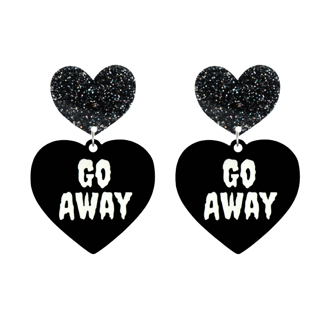 haus of dizzy black heart-shaped earrings with 'GO AWAY' text in white and black glittery hearts tops size large