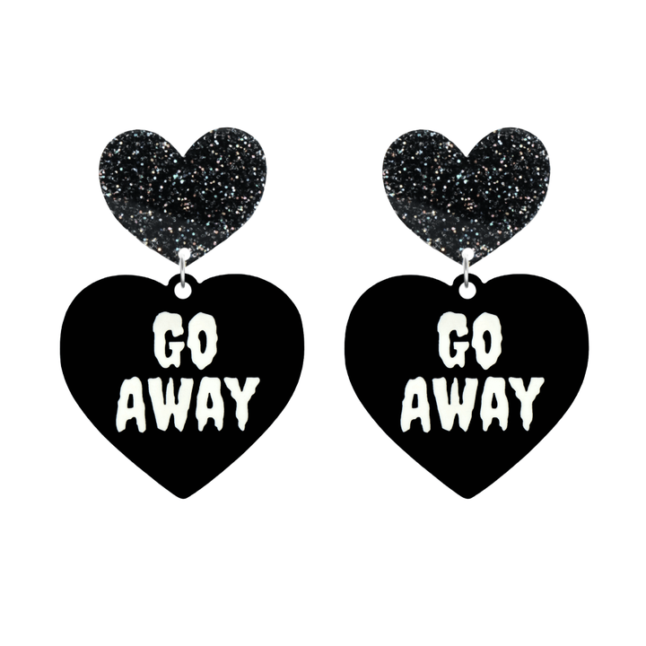 haus of dizzy black heart-shaped earrings with 'GO AWAY' text in white and black glittery hearts tops size large