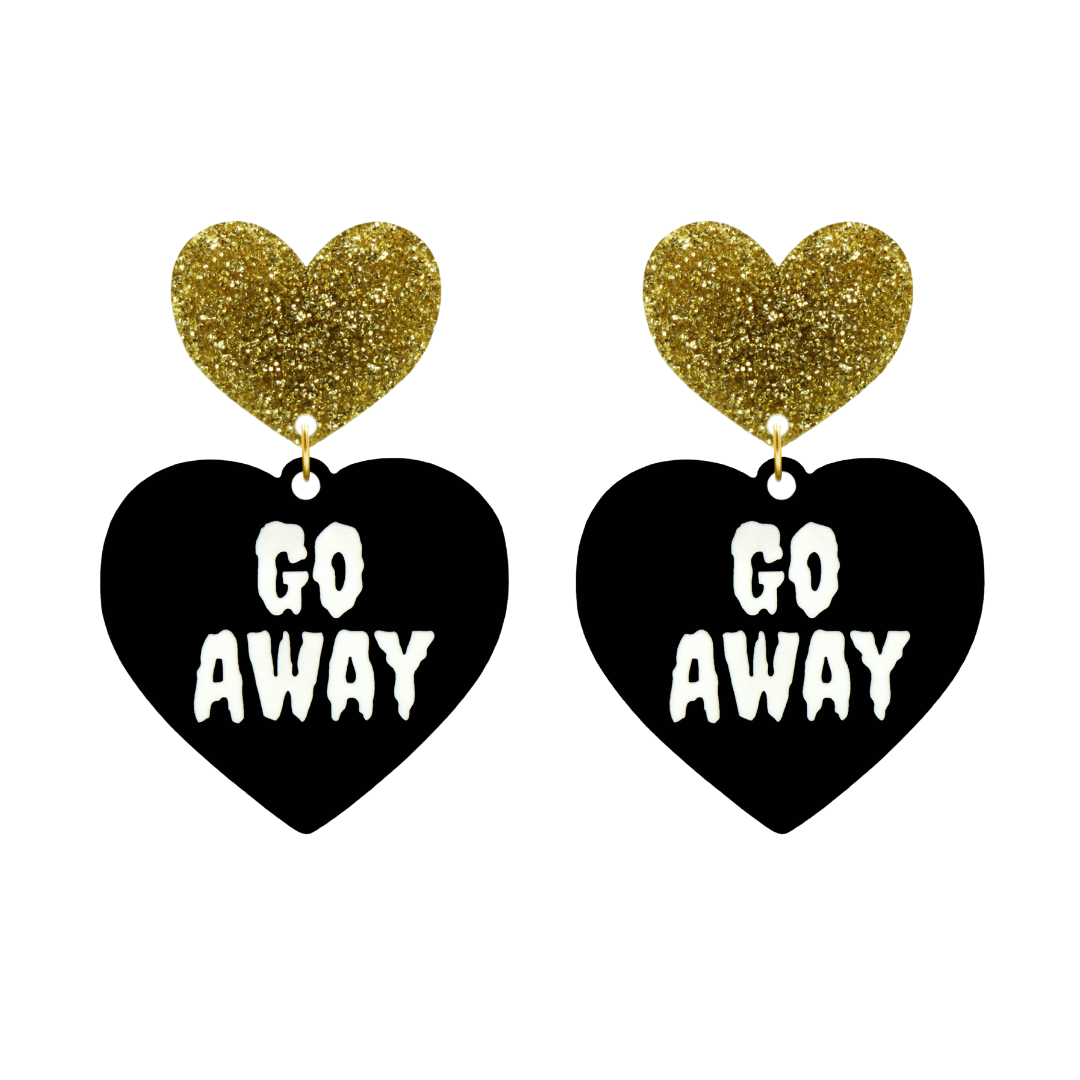 haus of dizzy black heart-shaped earrings with 'GO AWAY' text in white and gold glittery hearts tops size large