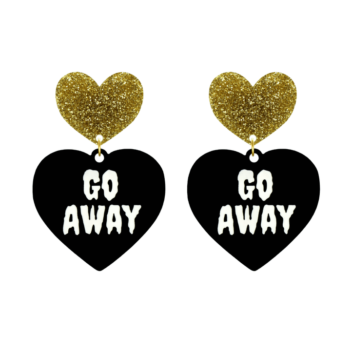 haus of dizzy black heart-shaped earrings with 'GO AWAY' text in white and gold glittery hearts tops size large