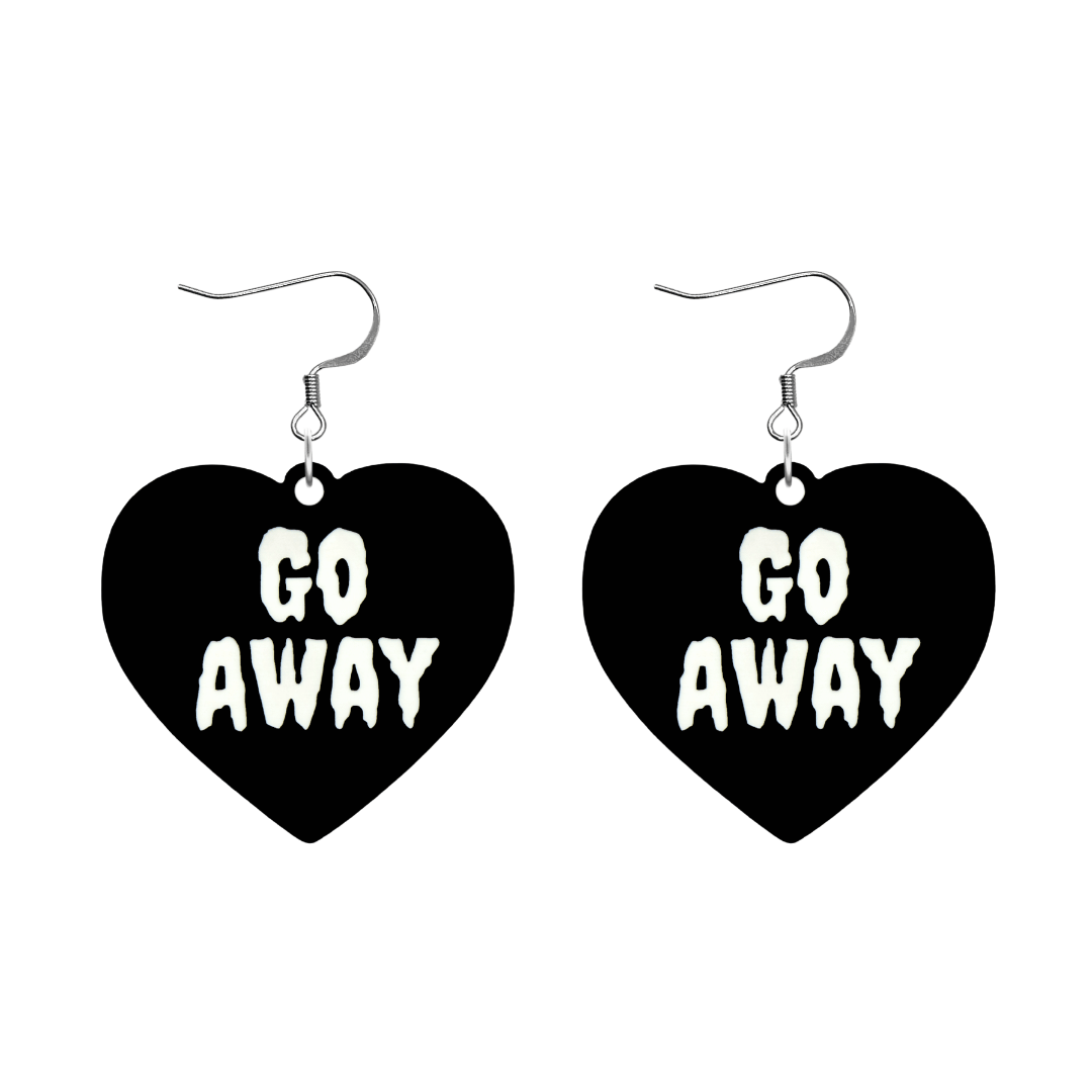 haus of dizzy black heart-shaped earrings with 'GO AWAY' text in white with silver hooks no heart tops size large