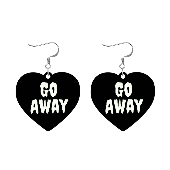 haus of dizzy black heart-shaped earrings with 'GO AWAY' text in white with silver hooks no heart tops size large
