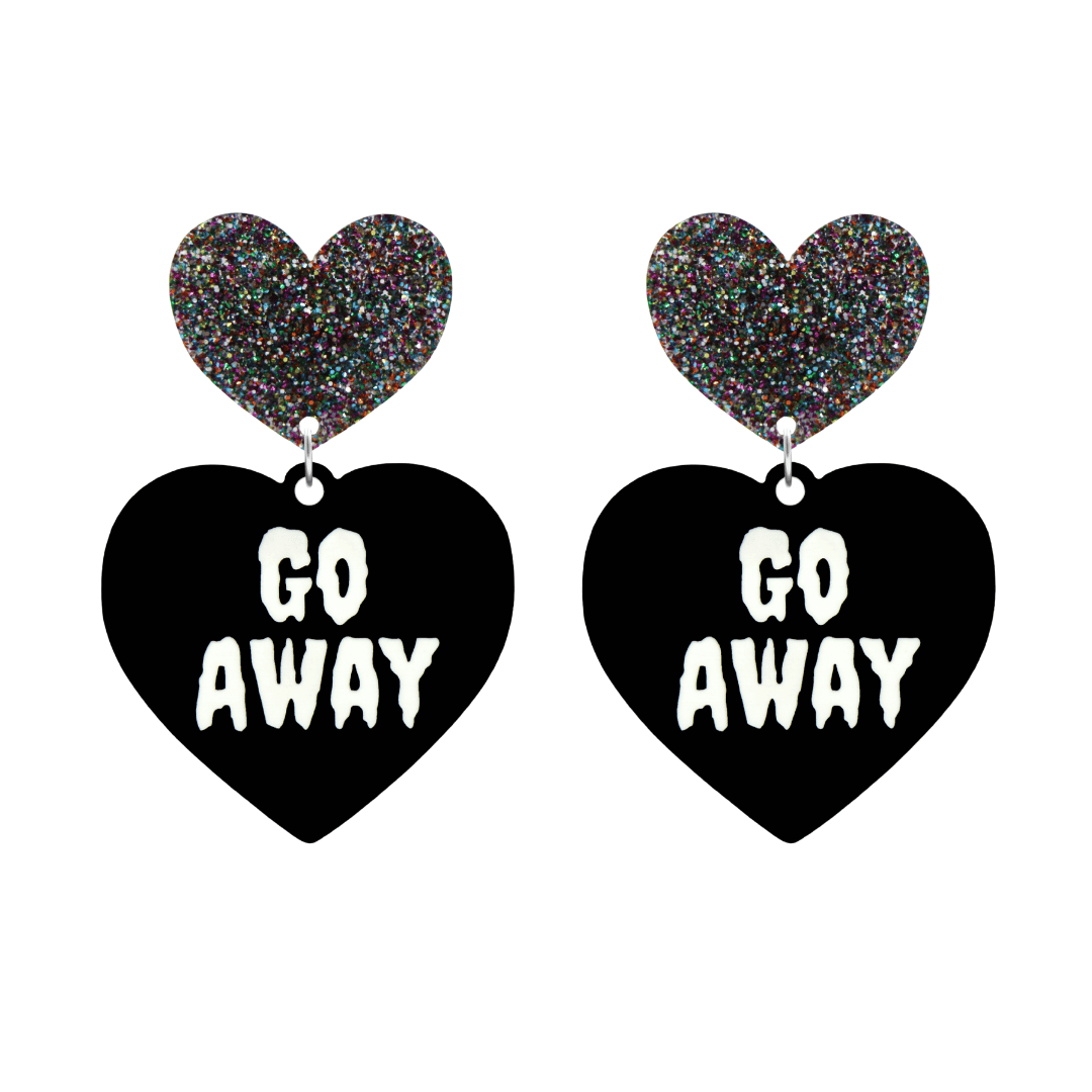 haus of dizzy black heart-shaped earrings with 'GO AWAY' text in white and multi coloured glittery hearts tops size large