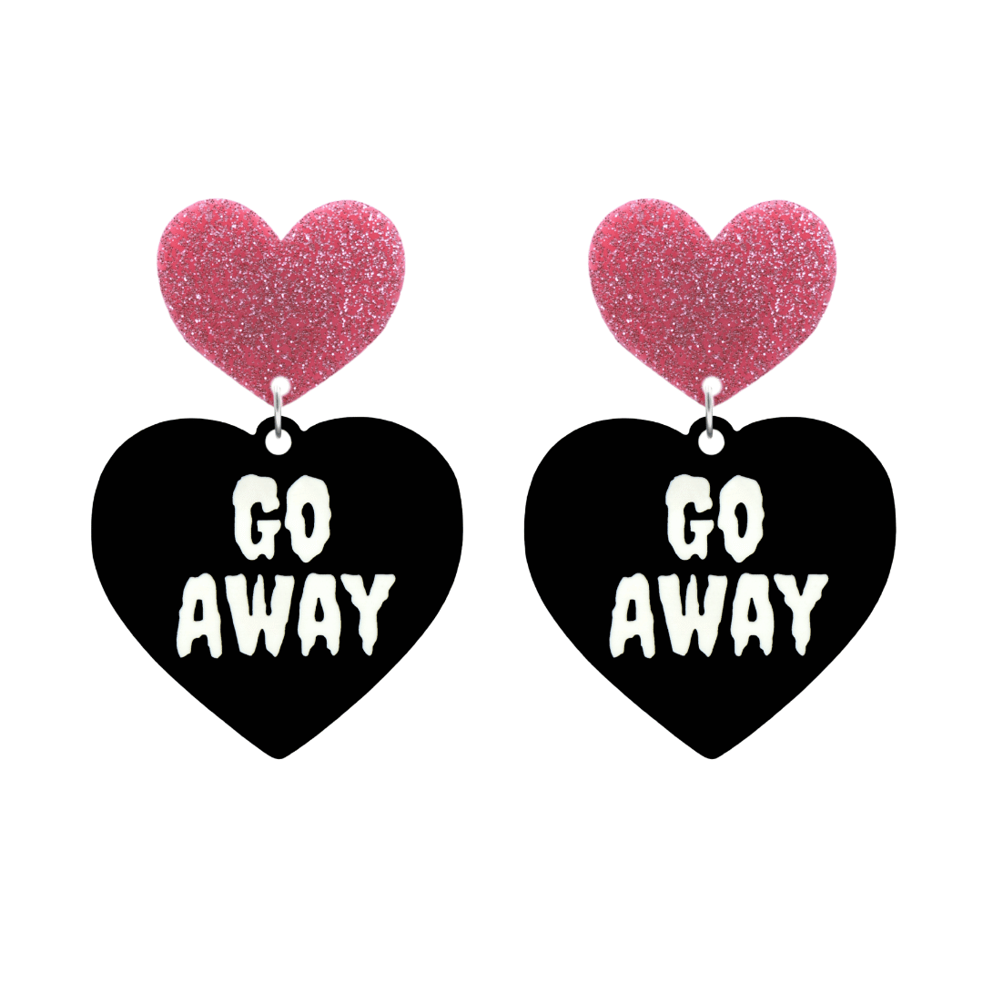 haus of dizzy black heart-shaped earrings with 'GO AWAY' text in white and pink glittery hearts tops size large