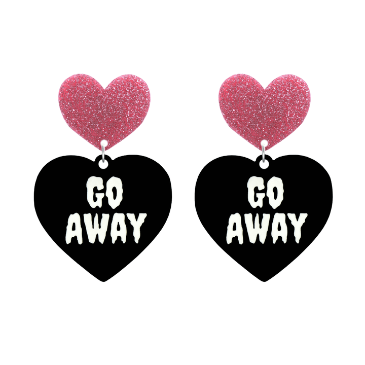 haus of dizzy black heart-shaped earrings with 'GO AWAY' text in white and pink glittery hearts tops size large