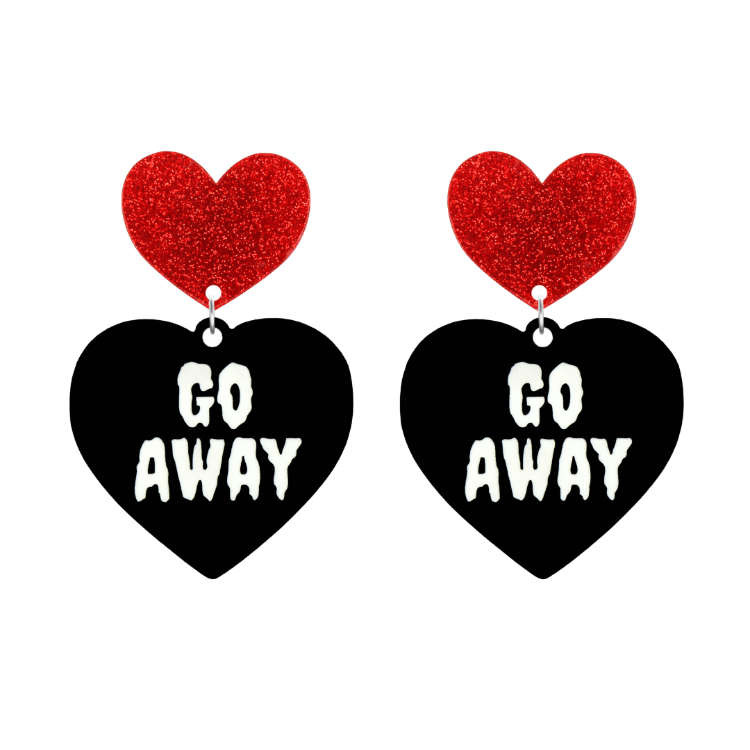haus of dizzy black heart-shaped earrings with 'GO AWAY' text in white and red glittery hearts tops size large