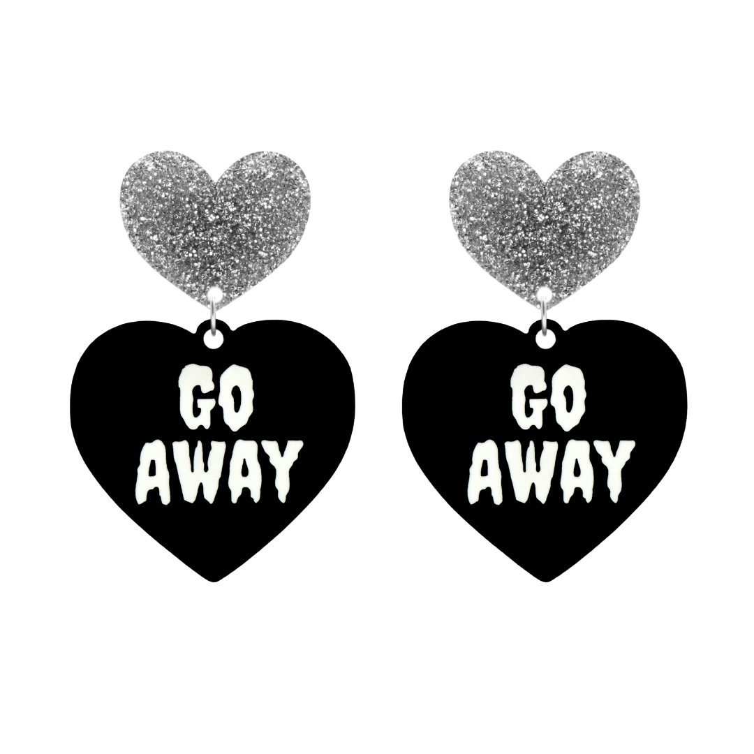 haus of dizzy black heart-shaped earrings with 'GO AWAY' text in white and silver glittery hearts tops size large